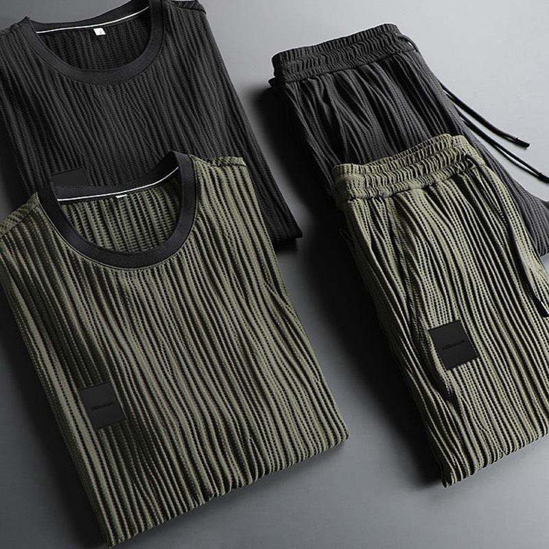 Men Outfit Sports Men's Summer Pleated Shirt Pants Two Piece Set Breathable Tracksuit Daily Wear Soft Thin Casual