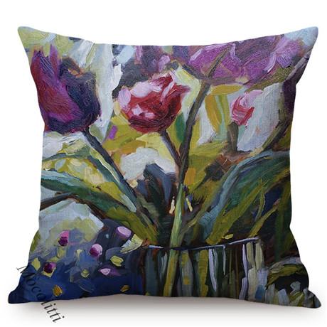 Multicolor Flowers Oil Painting Style Cotton Linen Pillow Case Rose Sunflower Violet Vase Sofa Decoration Cushion Cover Cojines