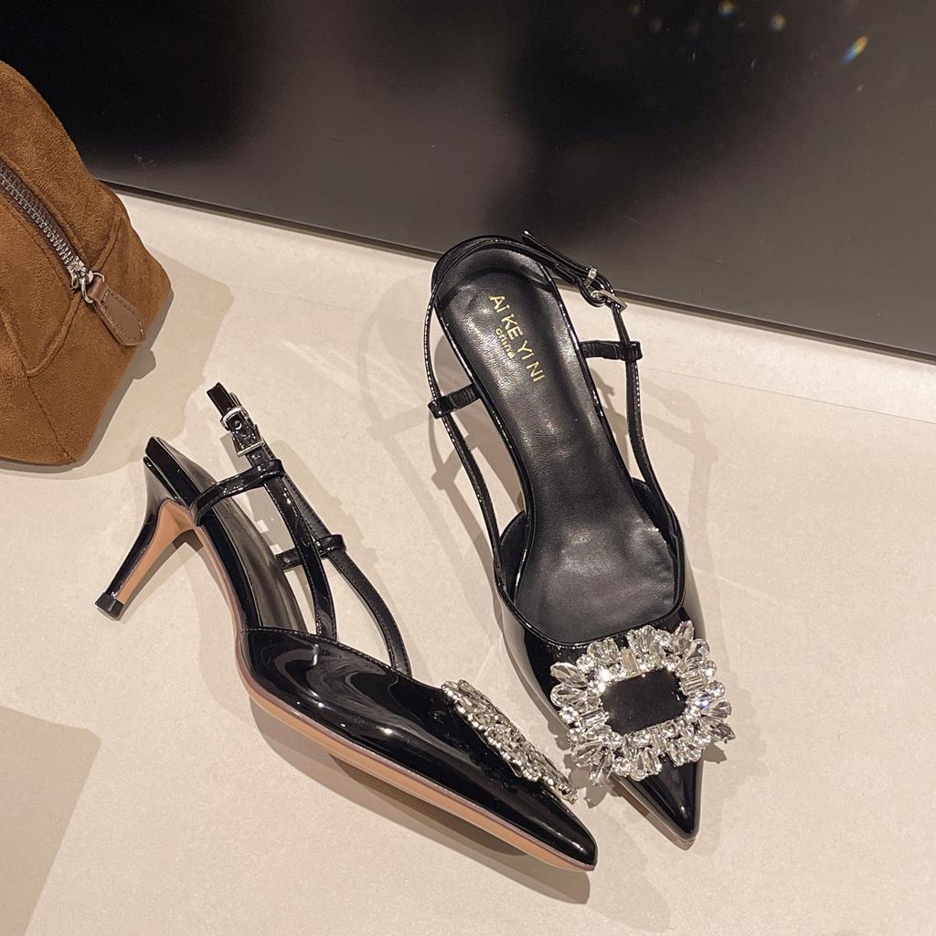 Новые женские босоножки на высоком каблуке 2025 года, с острым носком, украшенные стразами, элегантная женская обувь