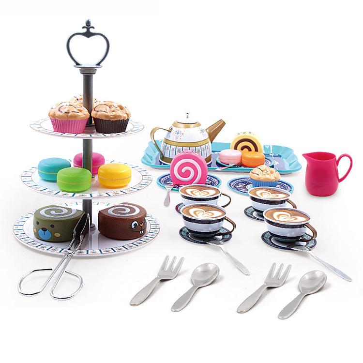 Kids Play Food Set, 3-Tier Dessert Stand Cupcakes Macarons, 44PCS Assorted Colors, Afternoon Tea Role Play Toy