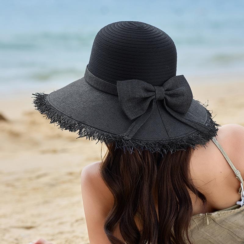 Summer Big Eaves Sunscreen Hat Women'S Big Eaves Straw Hat Vacation Wind Sunscreen Visor Travel Bow Bucket Hat