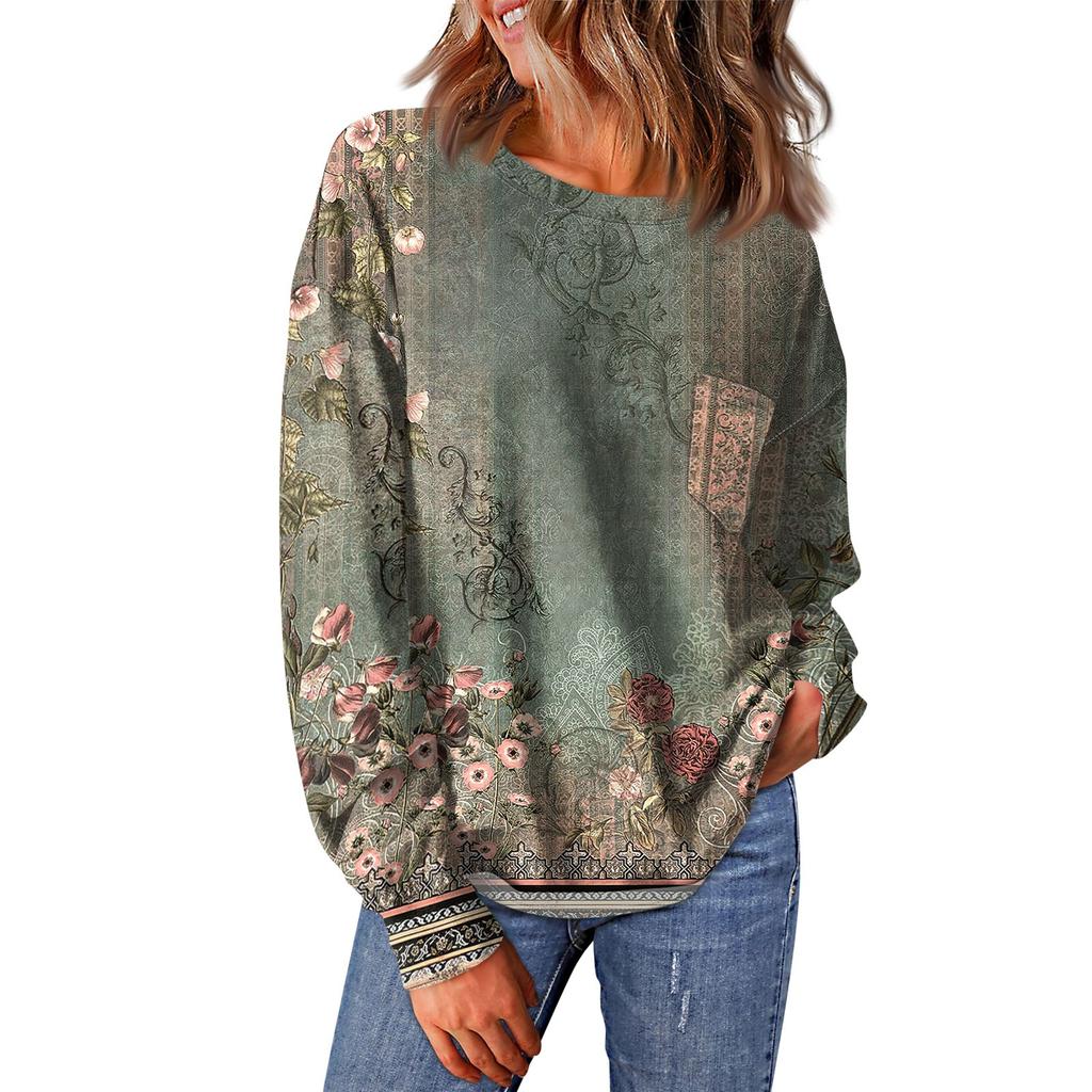 Женский повседневный свободный топ с круглым вырезом и карманами с винтажным цветочным принтом и длинными рукавами
