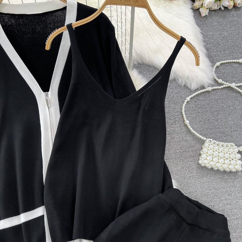 Осень-зима, винтажный однотонный вязаный свитер, брюки, комплект из 3 предметов, женский спортивный костюм, куртка на молнии с длинными рукавами, пальто, жилет, брюки, наряды