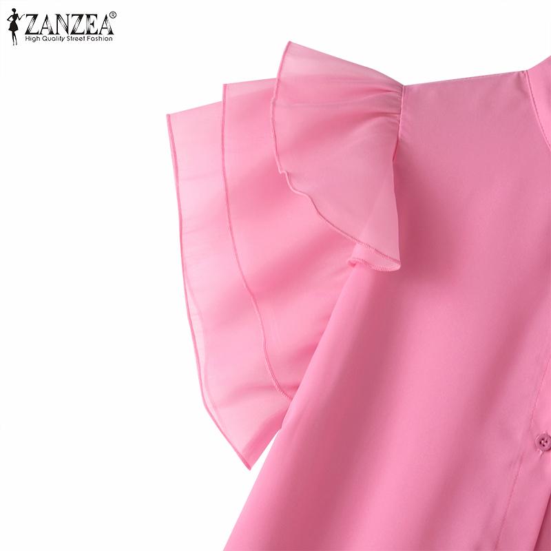 ZANZEA Женская модная свободная рубашка без рукавов с воротником-стойкой и рюшами