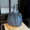 Fashion Denim Tote Bag for Women with Cherry Print Casual Messenger Handbag with Drawstring Closure and Polyester Lining Large Capacity Shoulder Bag