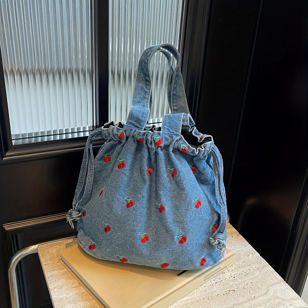Fashion Denim Tote Bag for Women with Cherry Print Casual Messenger Handbag with Drawstring Closure and Polyester Lining Large Capacity Shoulder Bag