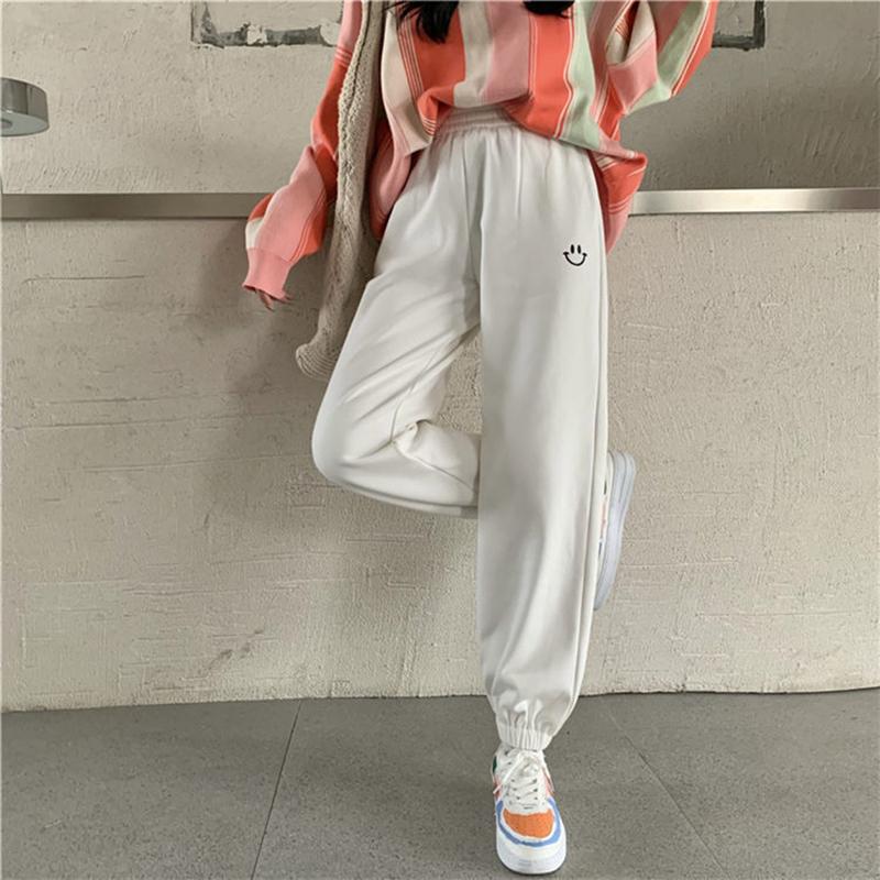 Large Size Plus Velvet Plus Velvet Warm Outer Wear Pants Female Students In The Fall and Winter Cotton Pants Smiley Pattern Solid Color Leggings
