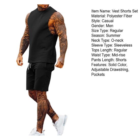 2 шт./компл. мужской спортивный костюм с круглым вырезом без рукавов майки с эластичной резинкой на талии спортивные шорты комплект однотонный повседневный наряд