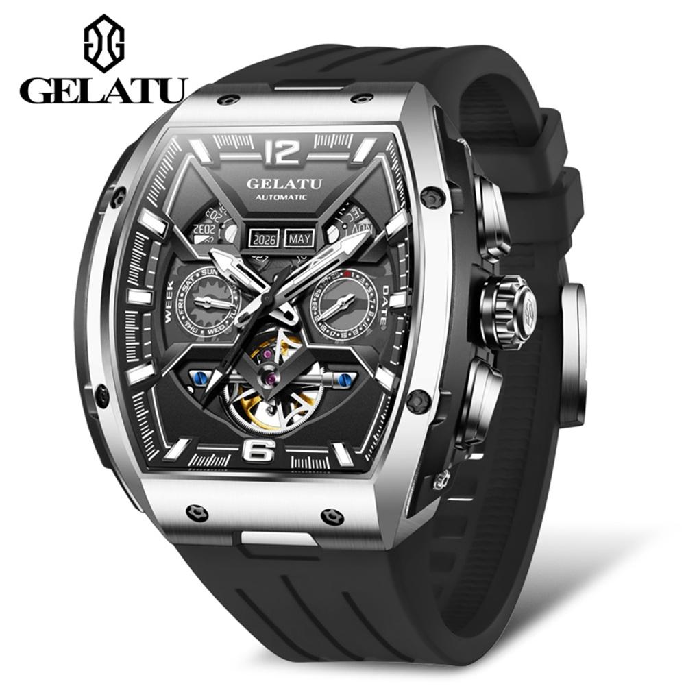 GELATU Men's Watches Trend Top Brand Original Automatic Mechanical Wristwatch Luxury Tonneau Dial Sapphire Mirror