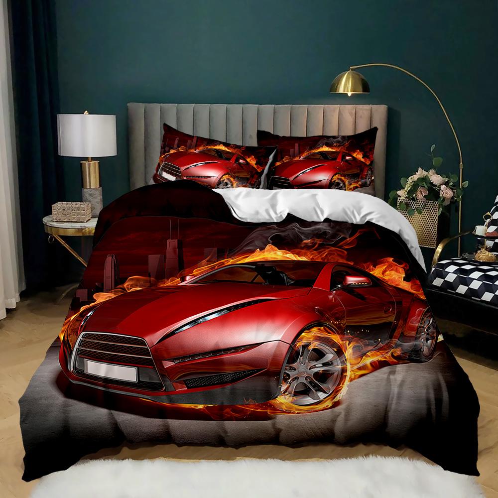 Race Car Bedding Set Twin Size Burning Red Flame Duvet Cover Set 3D Sports Car Duvet Cover 3Pcs Bedclothes King Duvet Cover
