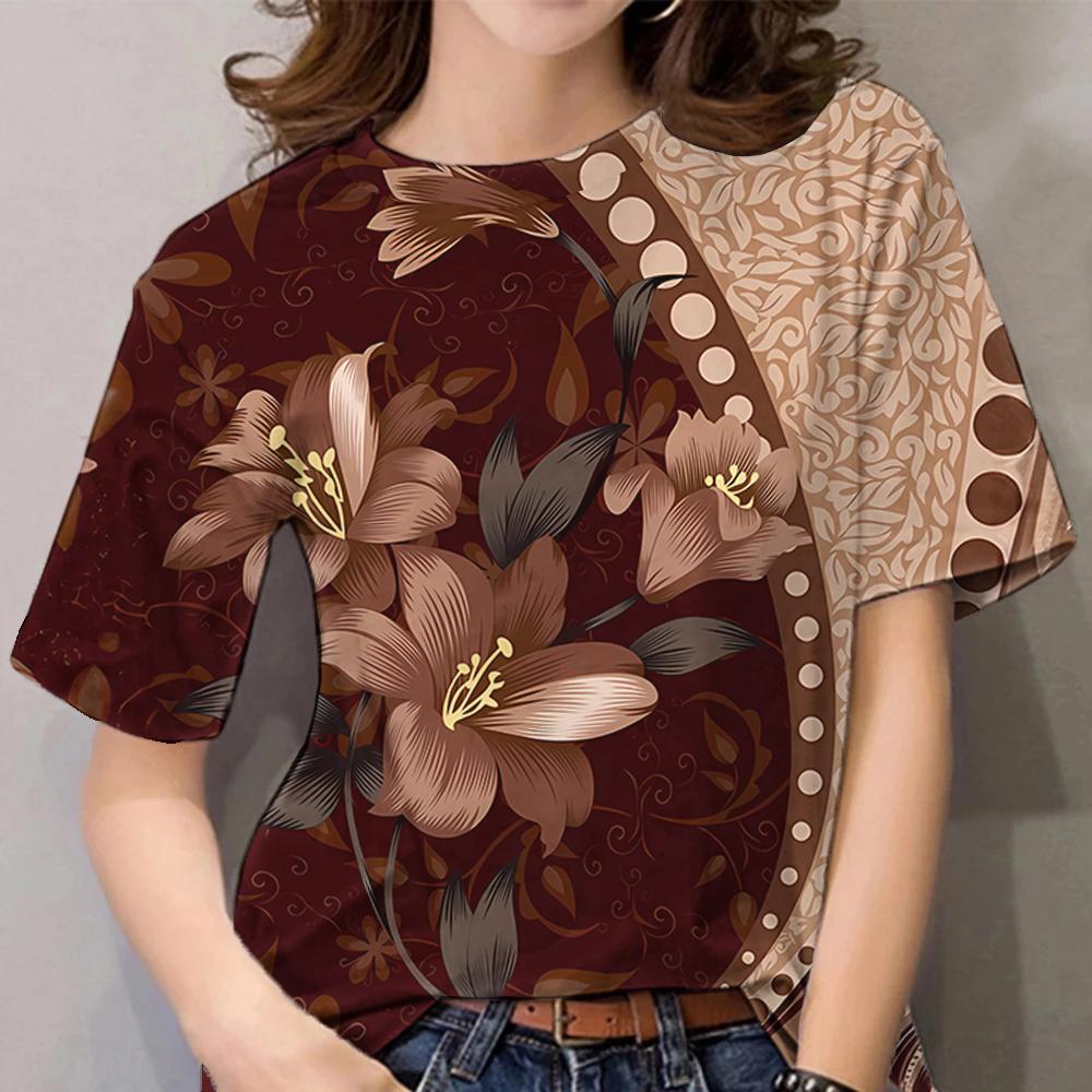2024 Топ Женская футболка с цветочным принтом для женщин, футболки больших размеров с 3D-графикой, женская одежда, летняя блузка с коротким рукавом 5XL