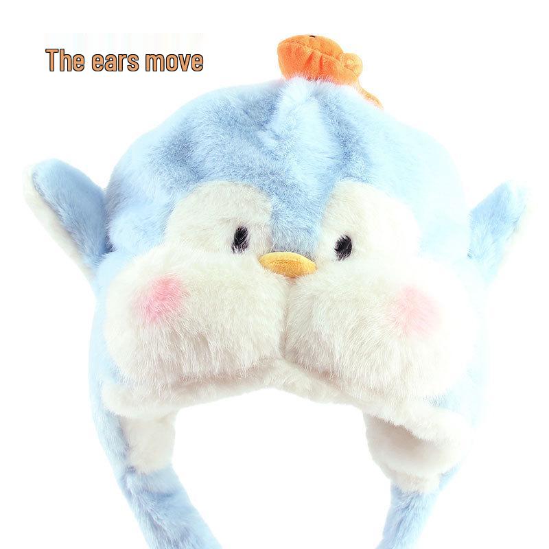 Blue-Gray Penguin Ear Moving Earmuffs, Faux Fur, Windproof, Cold-Proof, Cute Winter Hat for Kids.