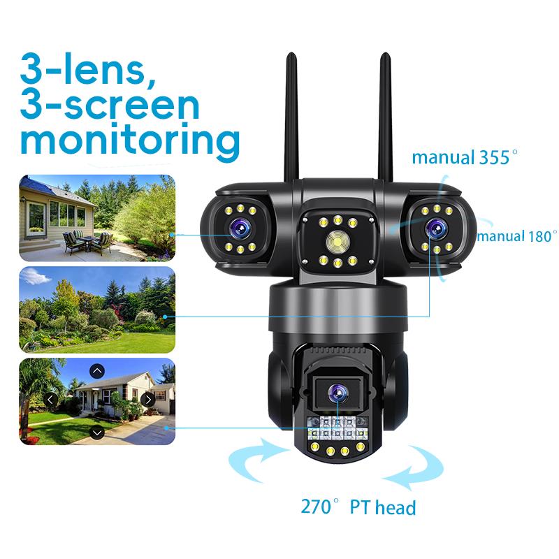 WIFI IP 8K 15MP HD Three Lens PTZ Outdoor Motion Detection Security Camera Waterproof Surveillance CCTV V380