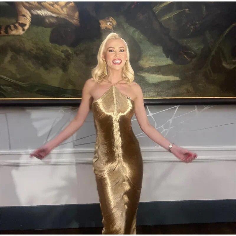 Женское элегантное блестящее металлическое платье-миди с лямкой на бретельках, женское облегающее платье без рукавов с открытой спиной, длинные платья, женские вечерние клубные вечерние халаты