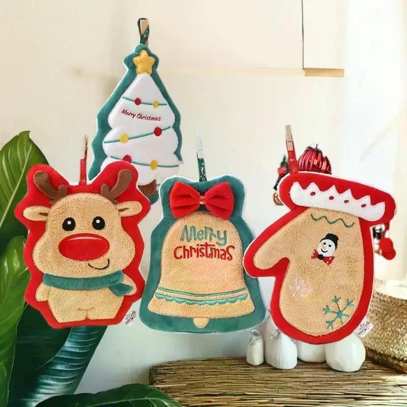 Cute Christmas Cleaning Towel Coral Velvet Hand Towel Snowman Bathroom Hanging Absorbent Dishcloth Soft Cleaning Cloth Rag