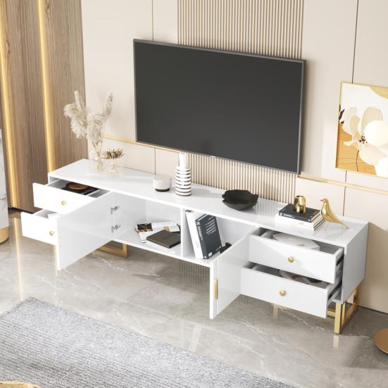 TV Entertainment Center Cabinet Low Panel with Textured Door Furniture Drawers Drawers Golden Handles and Feet Storage Cabinet