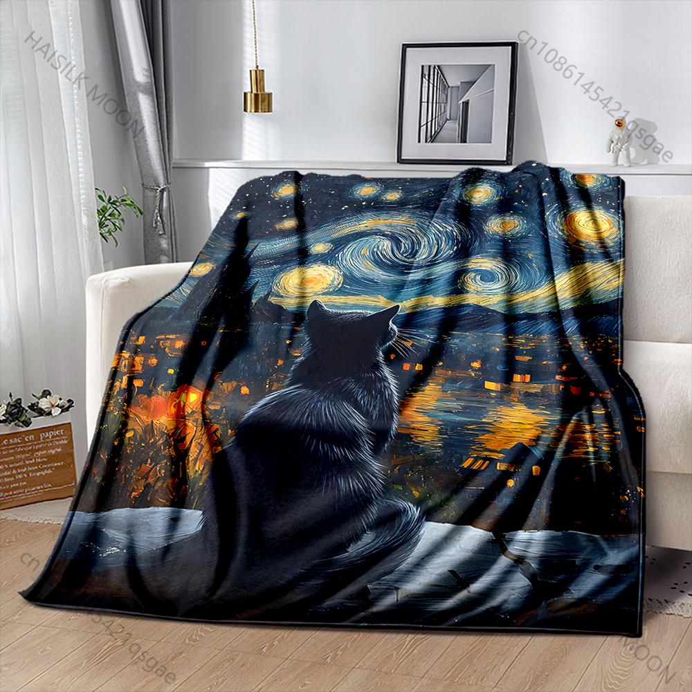 Multiple sizes Starry sky with cat Print Blanket Warm Soft for Children Adults Luxury Gifts Home Sofa Travel Camping
