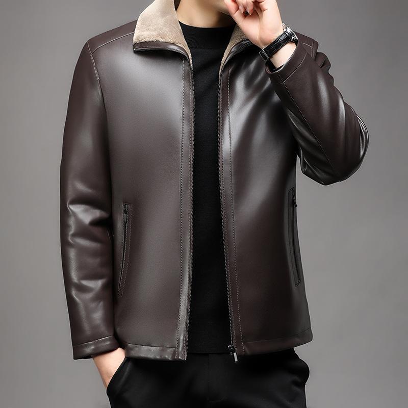 Fur Integrated Leather Jacket Men's Leather Jacket Velvet Thickened Winter Middle-aged Warm Lapel Daddy Soft Leather Jacket