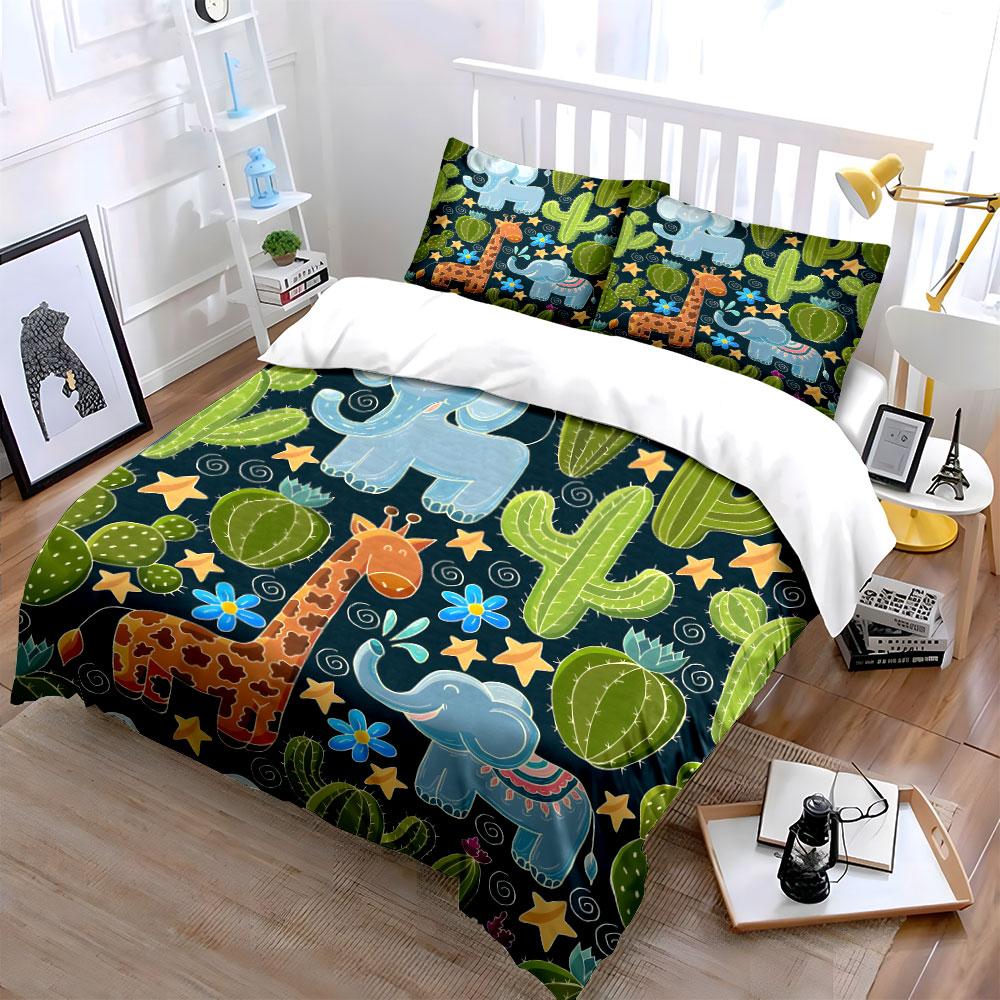 Cartoon Safari Animals & Cactus Bedding Duvet Cover Set (1*Duvet Cover 2*Pillowcases, without duvet insert)