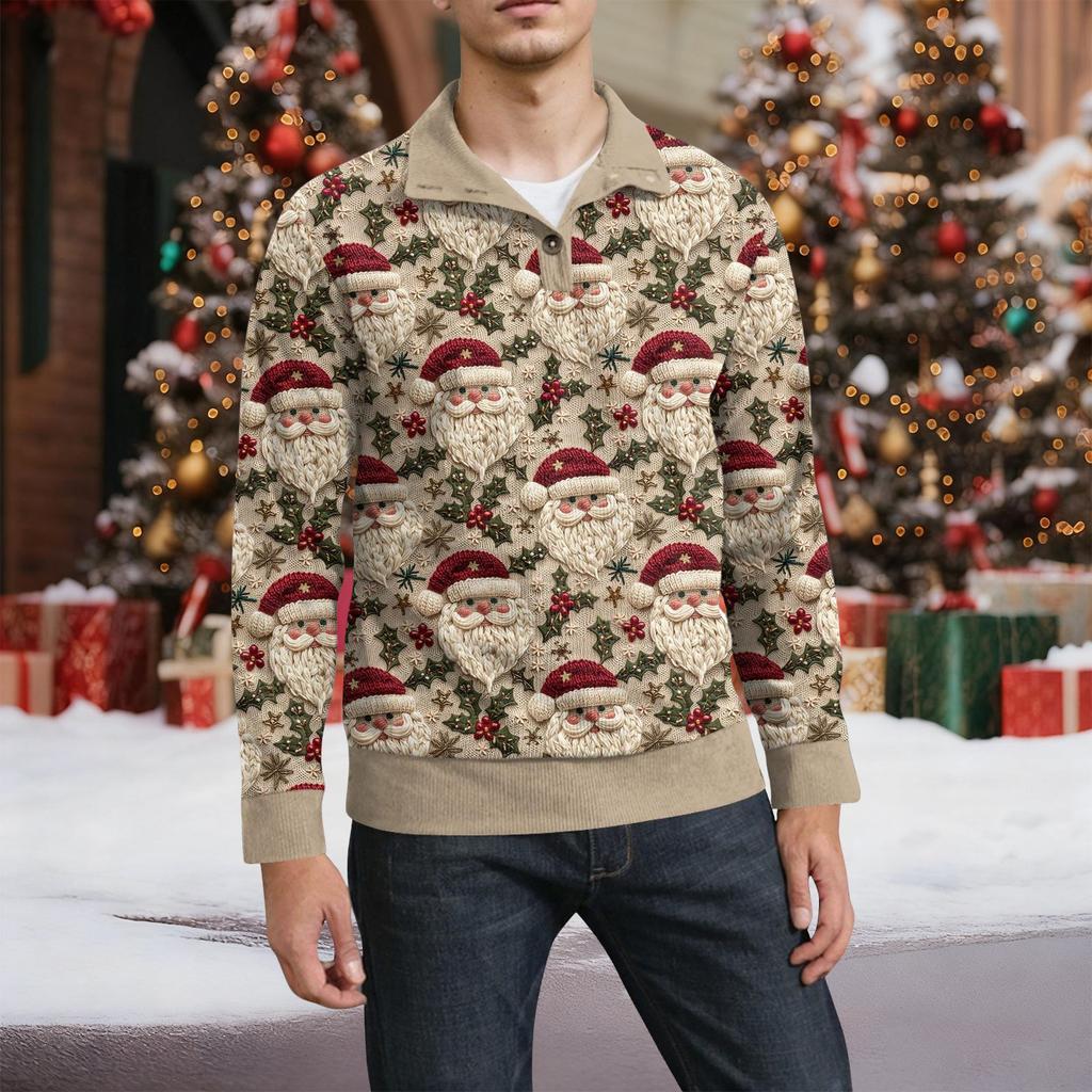 Мужская рождественская хлопковая рубашка-пуловер с длинным рукавом для активного отдыха, винтажная вельветовая рубашка с воротником-стойкой и пуговицами, повседневная толстовка с рождественским принтом