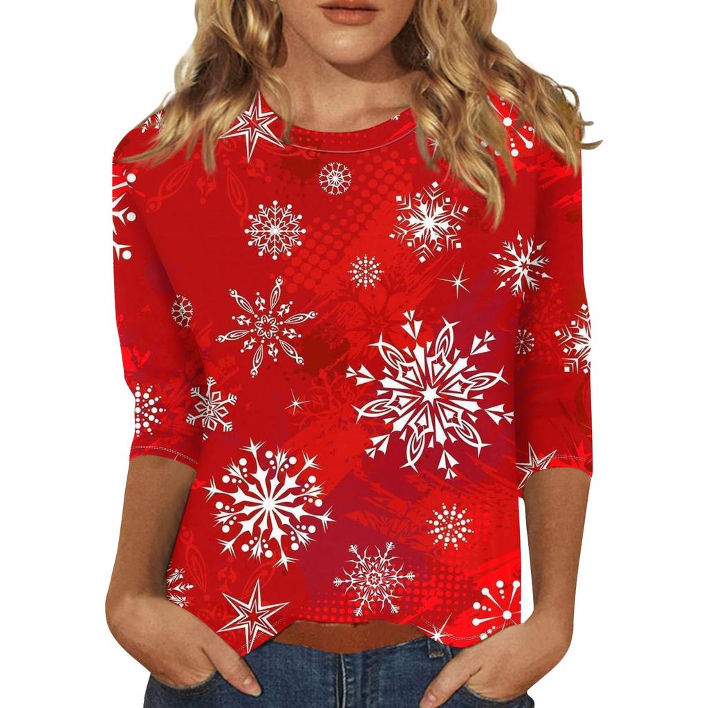 Women's Fashion Casual Seven Sleeve Christmas Printed Round Neck Top