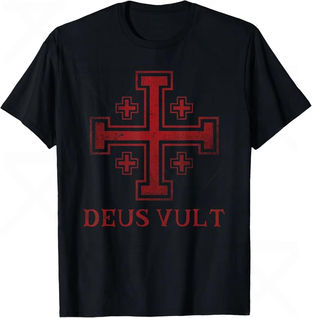 Ретро Готическая футболка Deus Vault Рыцарь Тамплиер Крест Футболка Хлопок Уличная мода Удобная Унисекс С коротким рукавом Повседневный топ