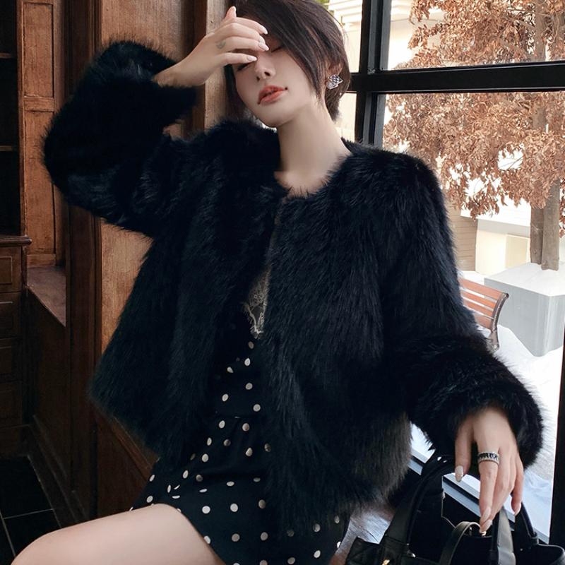 Осенне-зимние теплые пальто из лисьего меха с длинным рукавом, женские винтажные элегантные свободные куртки с круглым вырезом, женские однотонные повседневные женские куртки верхней одежды 25519