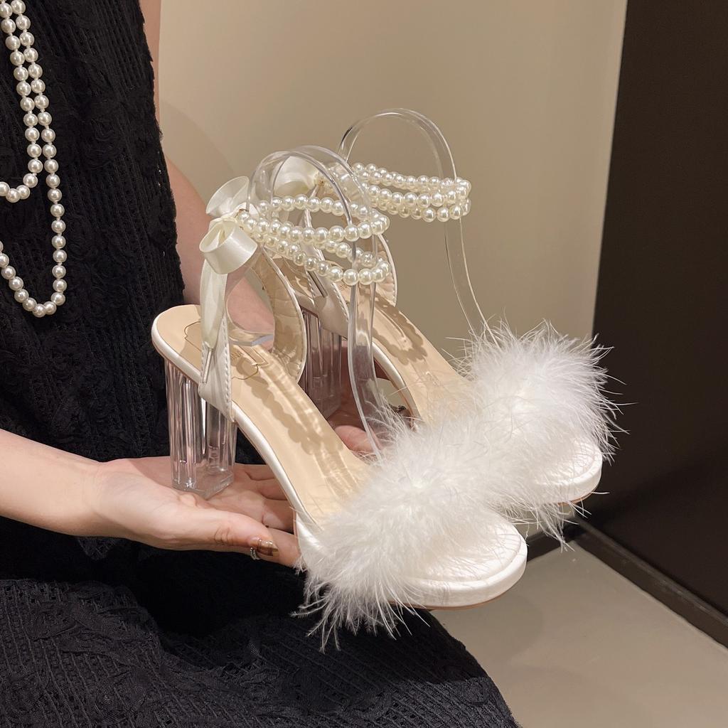 High Heels Women's Summer 2025 New Pearl Round Head with Fluffy Open-toed Thick Heel Ribbon Versatile Sandals
