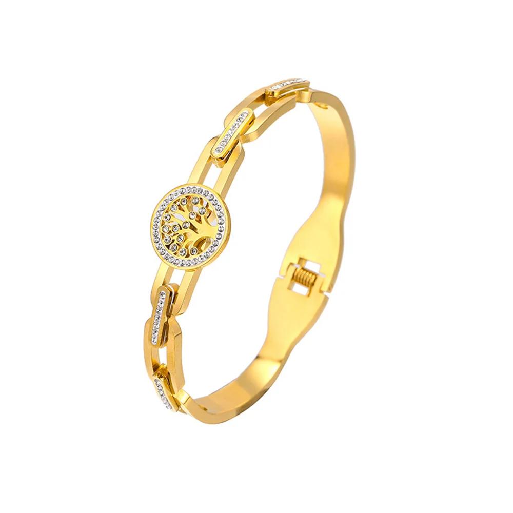 Luxury Stainless Steel Tree of Life Bracelet For Women Men Golden Cubic Zircon No Fade Color Lucky Cuff Bangle Jewelry