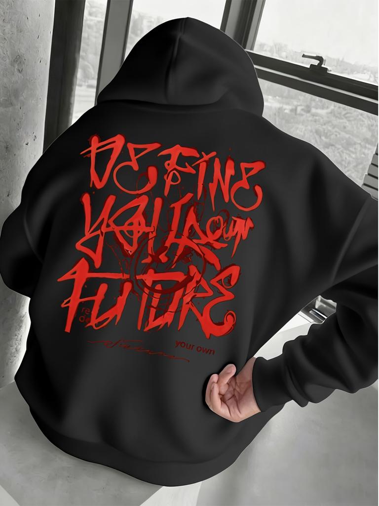 Men's Oversized Hoodie Define Your Own Future Graffiti Text Print Sweatshirt Streetwear Motivational Letter Back Print Hooded Pullover