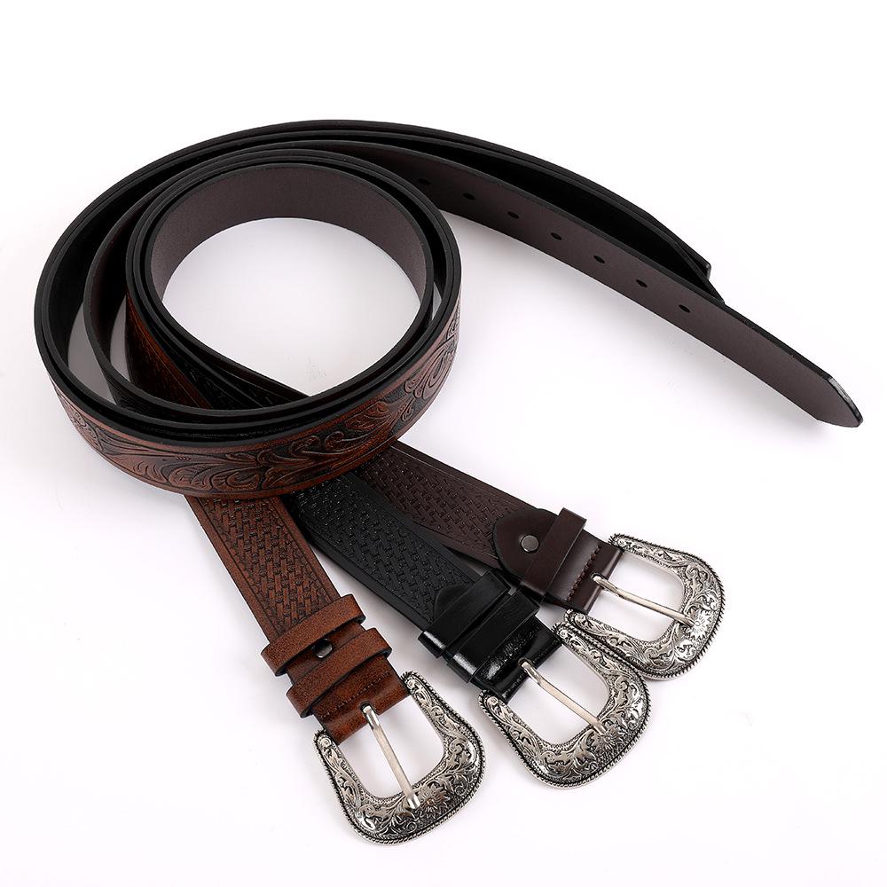 Ретро кожаный ремень в западном стиле с резной металлической пряжкой и тисненым дизайном