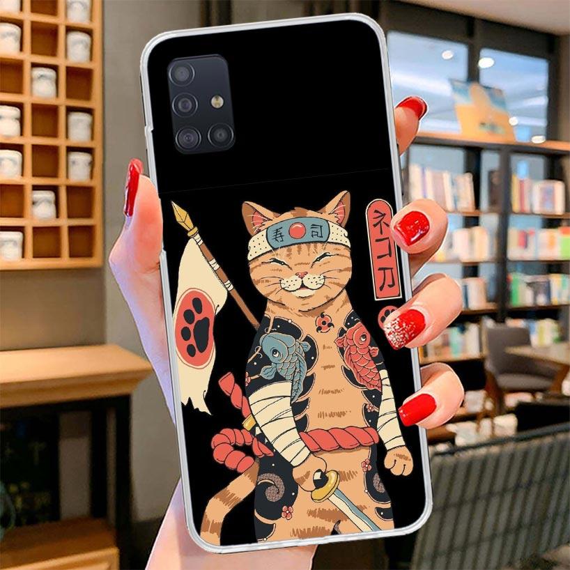 Ramen Sushi Samurai Tattoo Cat Cover Phone Case For Samsung Galaxy A12 A22 A32 A52 A72 A02S Phone Case Note 20 Ultra 10 S10 Plus