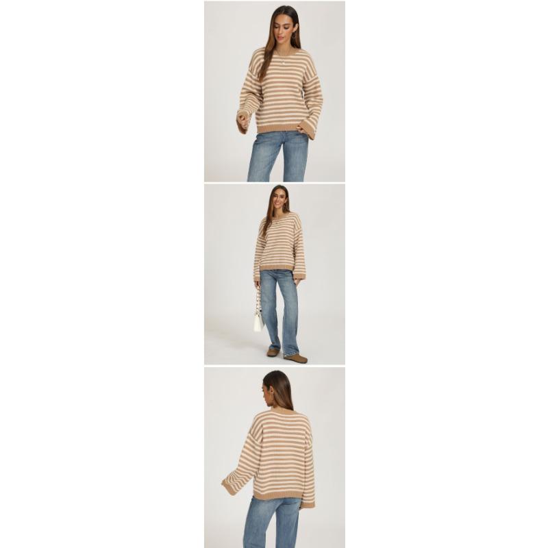 Women Loose Striped Pullover Sweater Crew Neck Long Sleeve Knitwear Autumn Winter