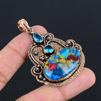 Подвеска из драгоценного камня Oyster Turquoise Blue Topaz | Ювелирные изделия с подвеской из окисленной чистой меди | Ожерелье с подвеской | Ювелирные изделия с подвеской из меди ручной работы