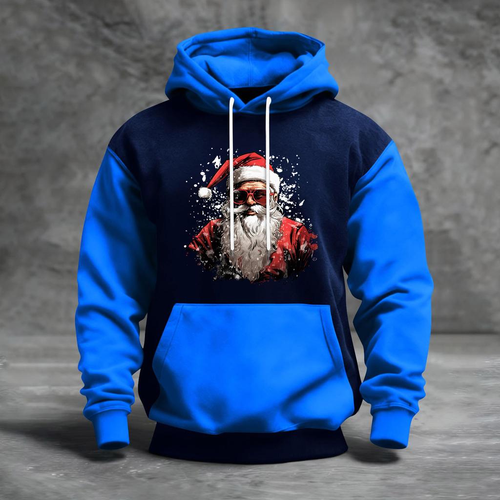 Мужской рождественский свитшот с капюшоном, повседневный, спортивный, удобный, с цветными блоками и принтом