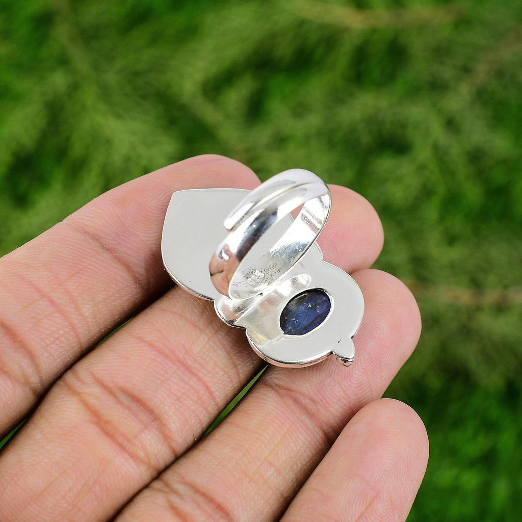 Gift For Women Multi Stone Bird Adjustable Ring 925 Silver Natural Labradorite