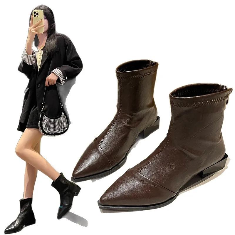 Fashion French Pointed Toe Short Boots Women's Autumn Winter New Style Chelsea Bare Boots Commuter Versatile Thin Boot EVA Insole Rubber