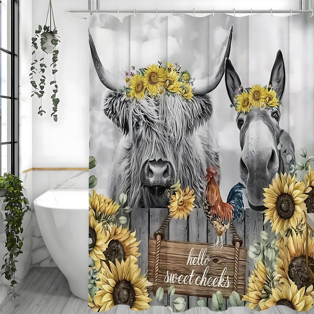 Подсолнух Шотландская корова и Осел Занавеска для душа, Декоративная занавеска для душа для ванной комнаты, Водонепроницаемая занавеска для душа с крючками