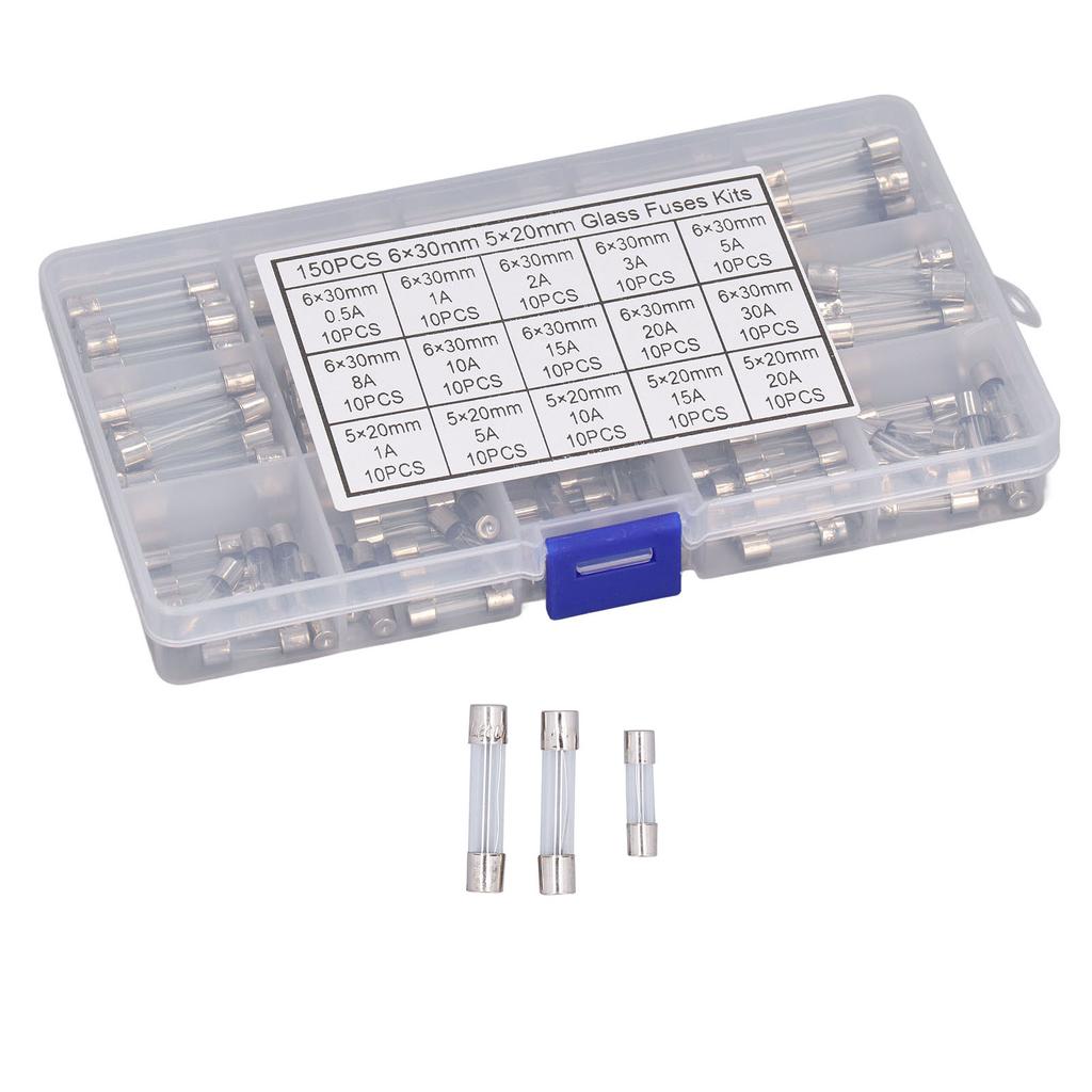 150 шт. стеклянных предохранителей, набор из сплава трубчатых предохранителей для бытовой техники, 15 различных моделей