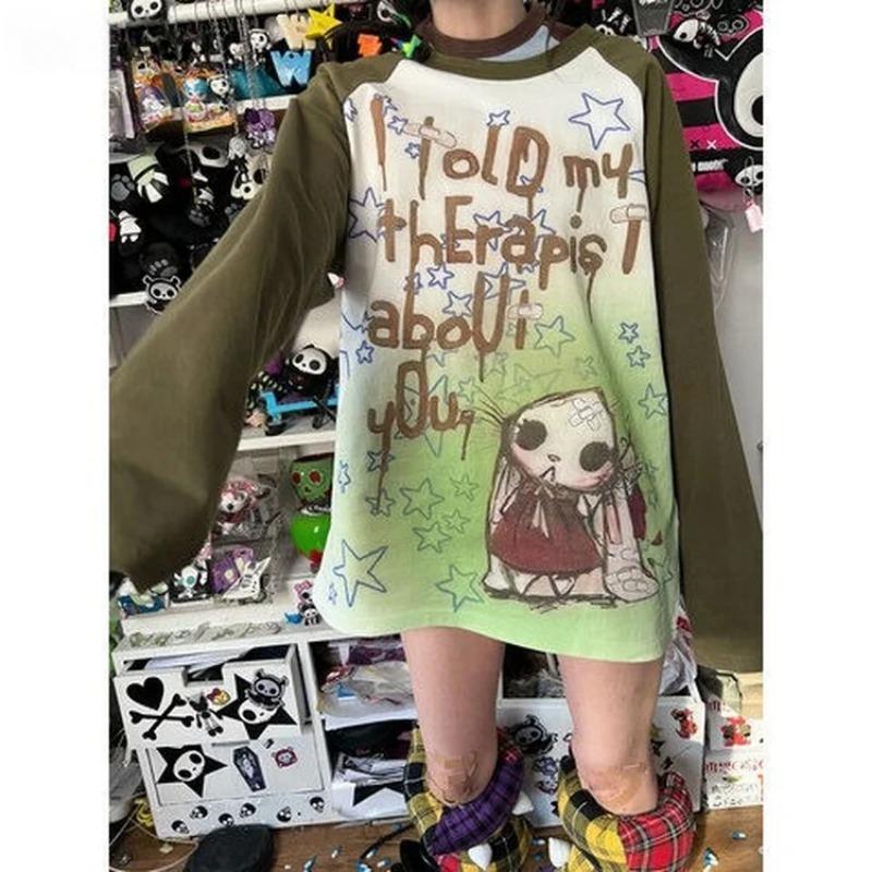 Y2k Aesthetic Long Sleeve T-shirt Women Punk Letter Tie Dye Cartoon Print Loose Graphic T Shirt Couple Fairy Grunge Tee
