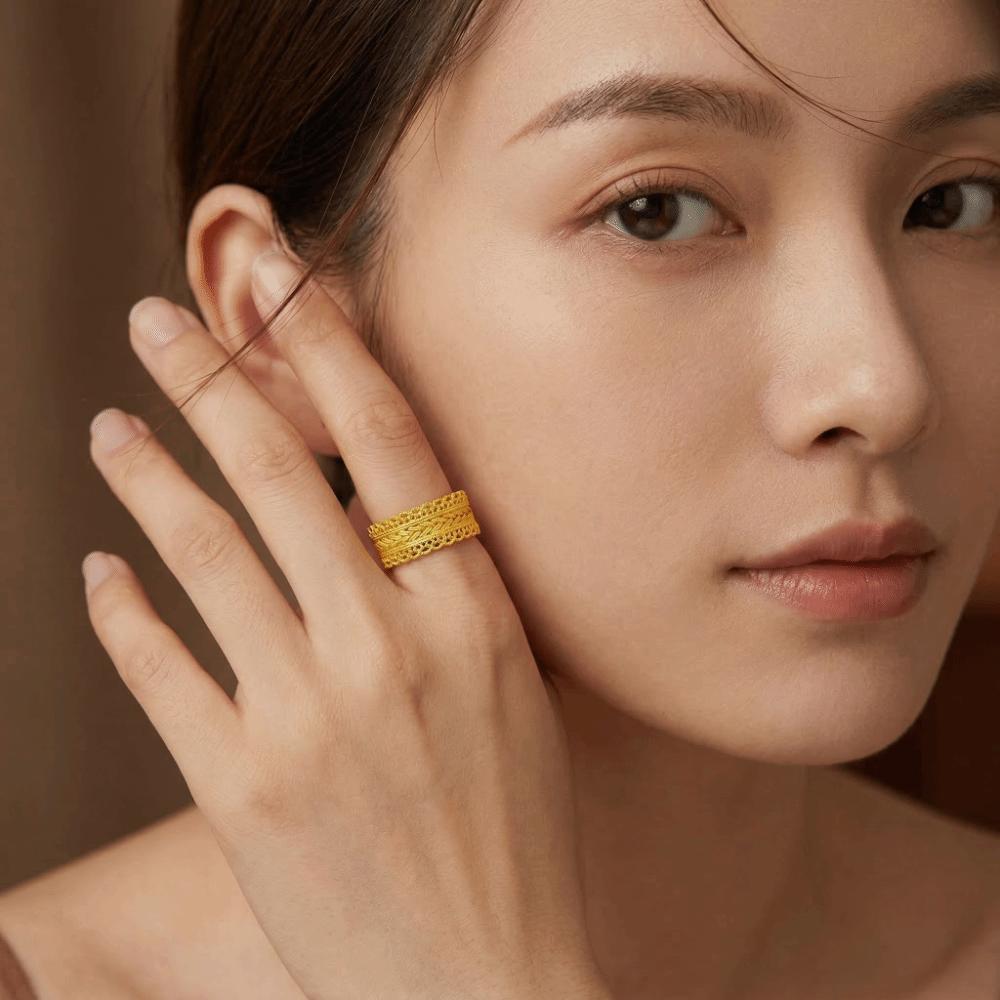 Elegant Hollow Ring Weave Design Banquet Jewelry Fashion Sandy Gold Filigree Ring Wedding