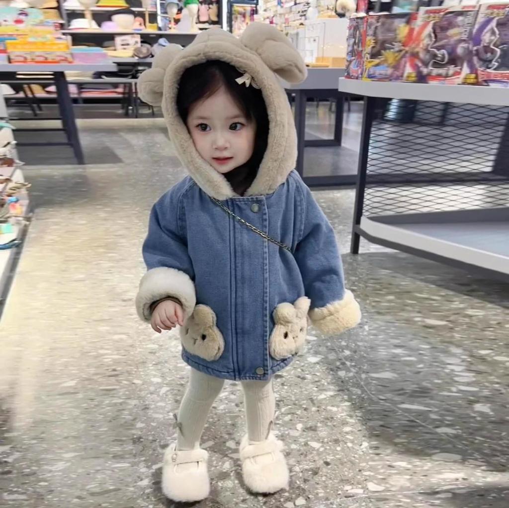 Плюшевая джинсовая куртка для девочек с кроличьими ушками - модное пальто в корейском стиле на осень/зиму