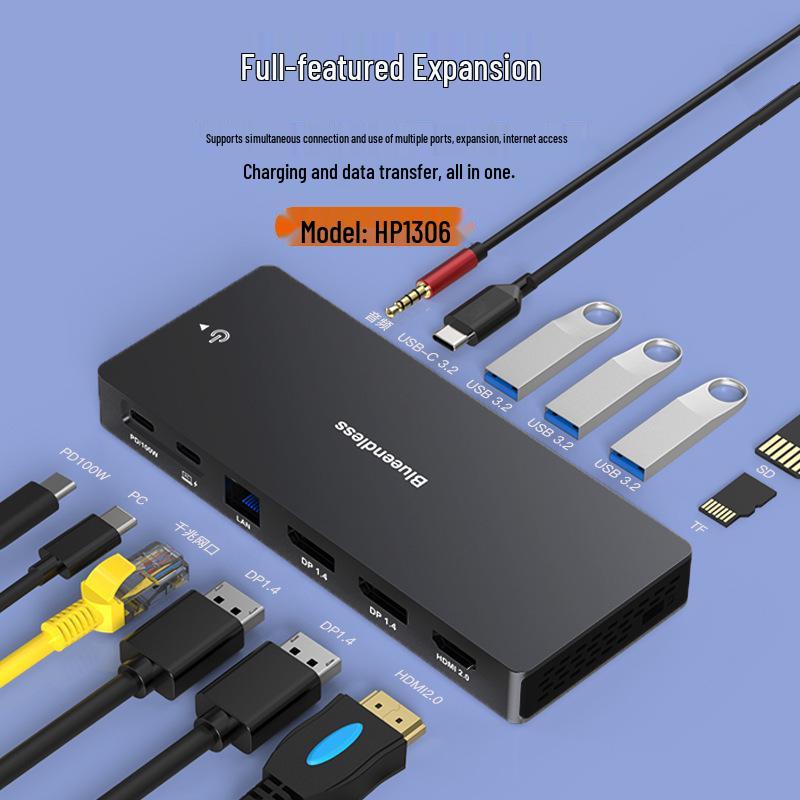 Док-станция USB-C: Двойной DP/HDMI, Четырехэкранный дисплей, Разветвитель USB 3.1, Порт Ethernet, Док-станция для расширения ноутбука