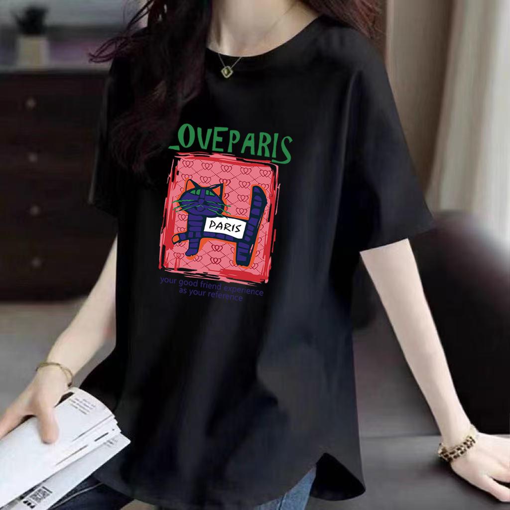 Pure Cotton Front Shoulder Short-sleeved T-shirt for Women's Summer New Korean Style Loose and Fashionable Printed Curved Hem Cover Top