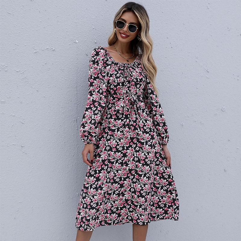 Женское платье с открытой спиной и квадратным вырезом, длинными рукавами, высокой талией и цветочным принтом