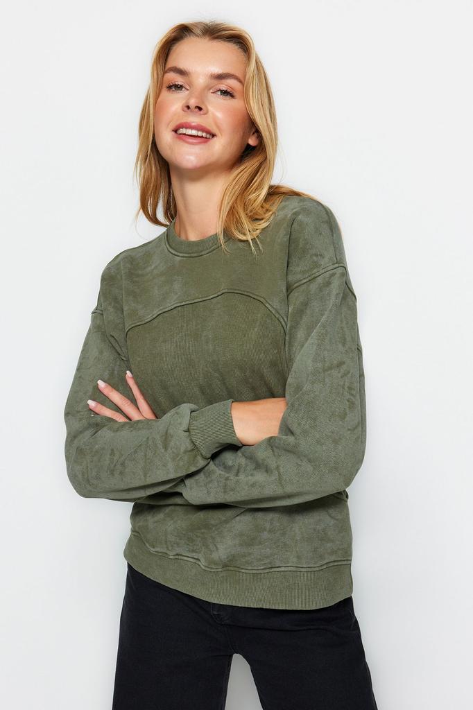 Женский модный стильный свитшот цвета хаки, с эффектом античного выцветания, толстый флис внутри, широкий трикотаж большого размера