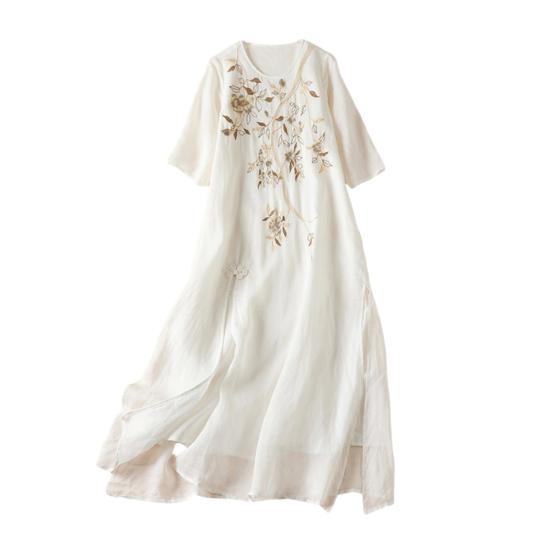 Женское хлопковое льняное платье макси с цветочной вышивкой, летнее струящееся платье с круглым вырезом и короткими рукавами, повседневный сарафан в стиле бохо