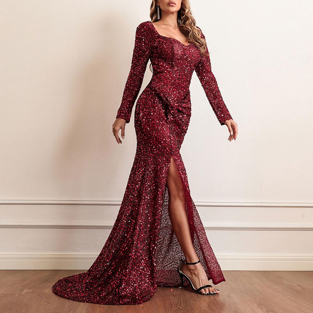 Женское модное однотонное длинное платье с разрезом и нерегулярными длинными рукавами и пайетками