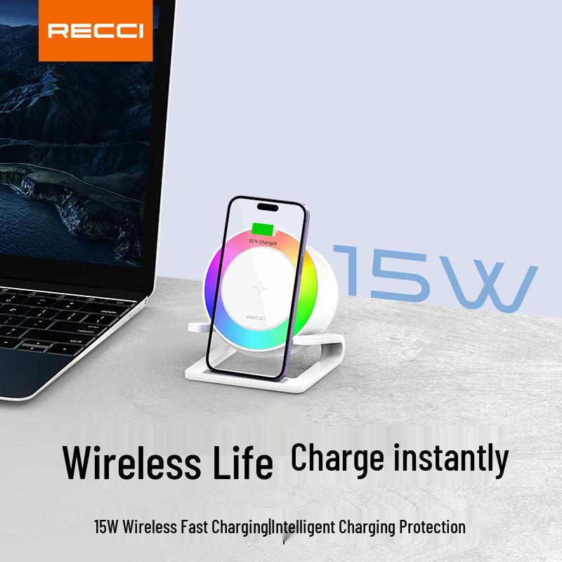 Беспроводное зарядное устройство Recci RSK-W28, Bluetooth-динамик с RGB-подсветкой (Китайская версия)