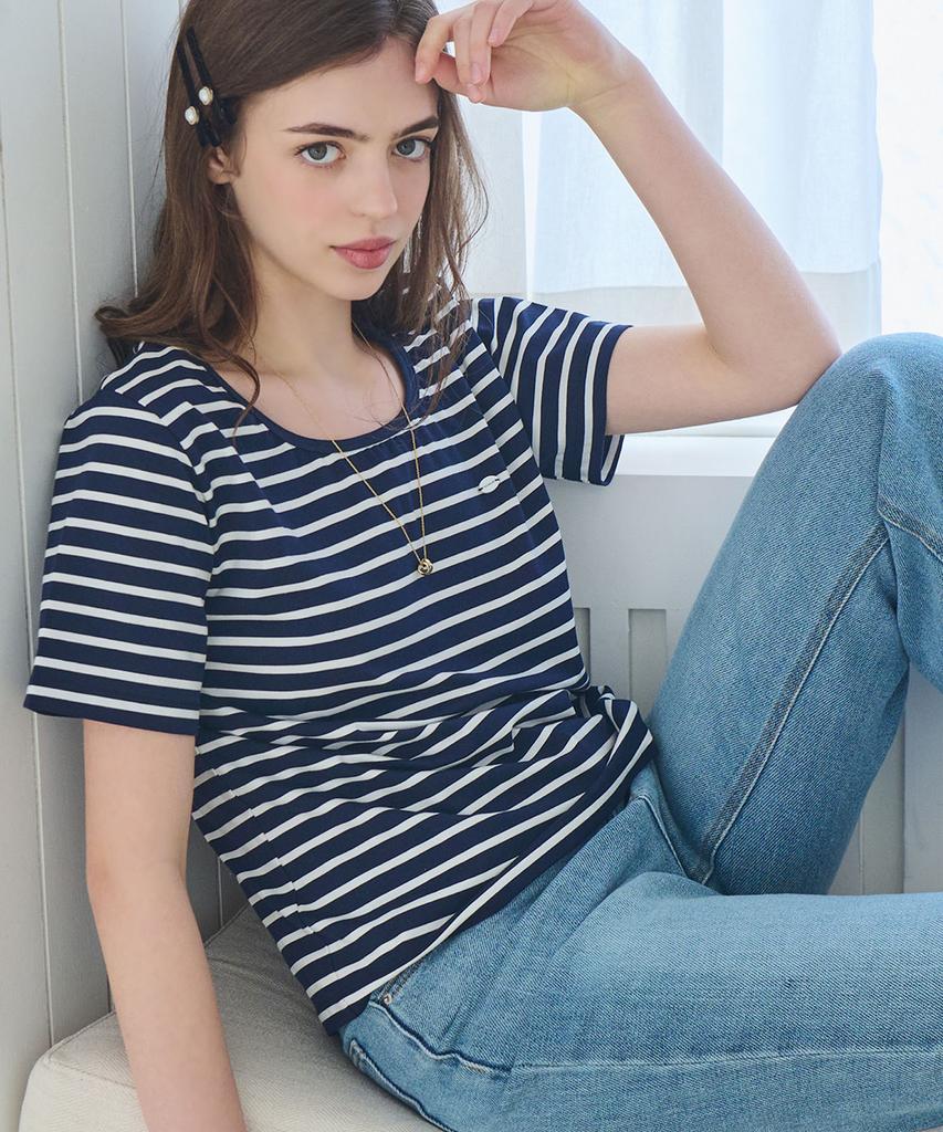 SLOWLOLLI U Neck Stripe Short Sleeve T-Shirt - Navy